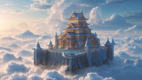 Majestic Castle Above Clouds with Pagoda Spires