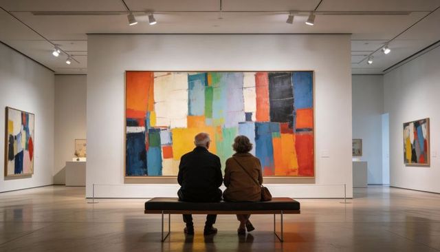 Senior couple sitting and admiring colorful abstract painting in modern art gallery