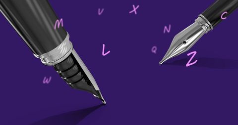 Fountain Pens on Violet Background with Floating Letters - Download Free Stock Images Pikwizard.com
