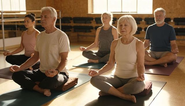 Multigenerational group practicing seated mindfulness and breathwork in bright yoga studio