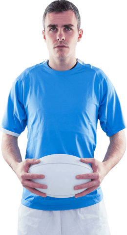 Portrait of Serious Male Rugby Player Holding Ball on Transparent Background