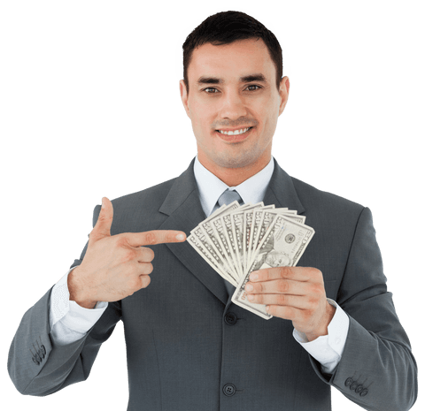 Businessman Holding Money with Confident Smile Transparent Background