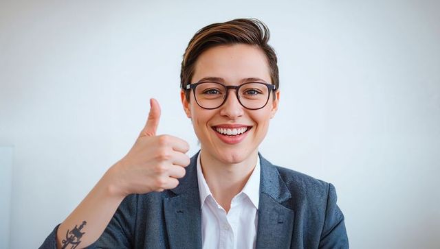 Smiling professional woman giving thumbs up with tattoo and glasses, confident corporate headshot