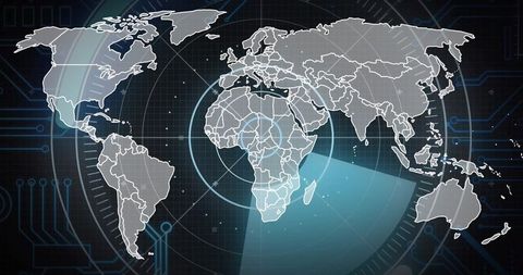 Futuristic Digital World Map Tracking with Radar and Circuitry