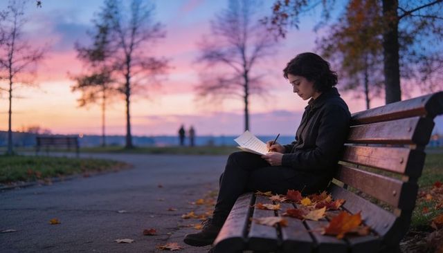 Young woman writing at sunset on park bench with autumn leaves and notebook