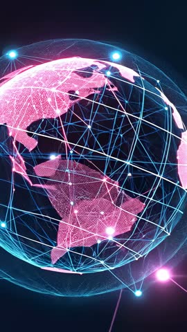 Vertical video rotating digital globe with neon magenta mesh and cyan network lines
