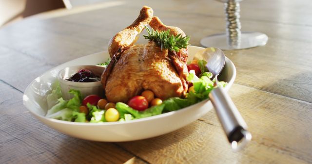 A beautifully presented roasted chicken served with fresh salad and a side of sauce on a bowl placed on a wooden table. Ideal for use in food blogs, restaurant advertisements, culinary presentations, and healthy eating articles.