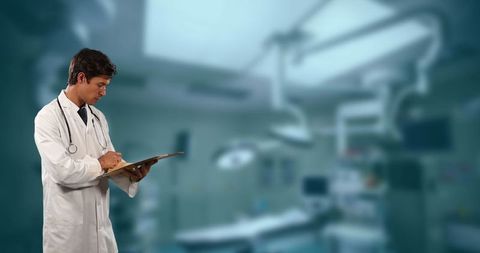 Doctor Examining Medical Reports in Hospital Environment