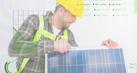 Engineer Analyzing Solar Panel with Futuristic Financial Graphs Overlay