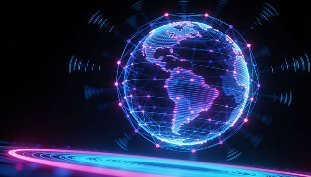 Holographic earth network floating above neon rings with connected nodes and data streams