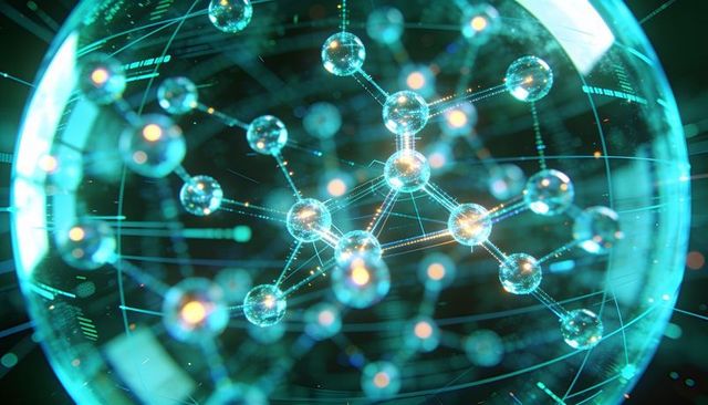 Rotating pulsing molecular network sphere visualizing ai data flow holographic network