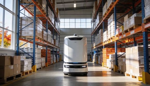Autonomous mobile robot navigating warehouse aisle between orange pallet racks in daylight