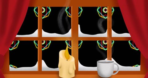 Cozy Winter Scene with Candle and Warm Drink by Snowy Window