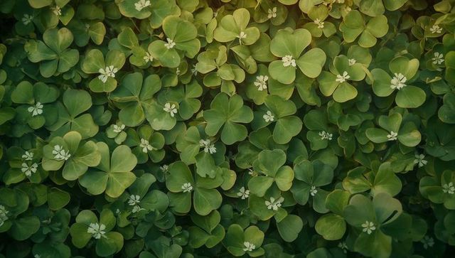Carpeting wood sorrel groundcover with tiny white flowers, top-down green foliage texture