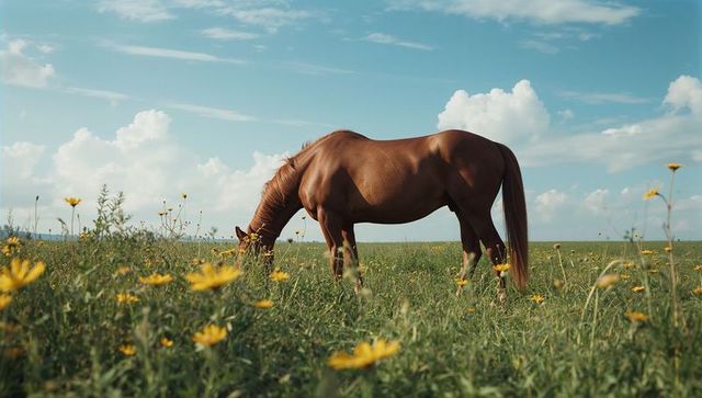 Chestnut Horse Grazing in a Wildflower Meadow under Blue Sky