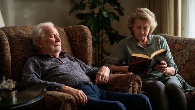 Senior couple relaxing in cozy living room reading together, intimate domestic moment