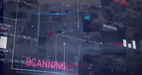 Futuristic Digital Interface Overlay on Urban Skyline