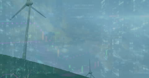 Digital Composite of Wind Turbines with Data and Graph Shows Sustainable Energy