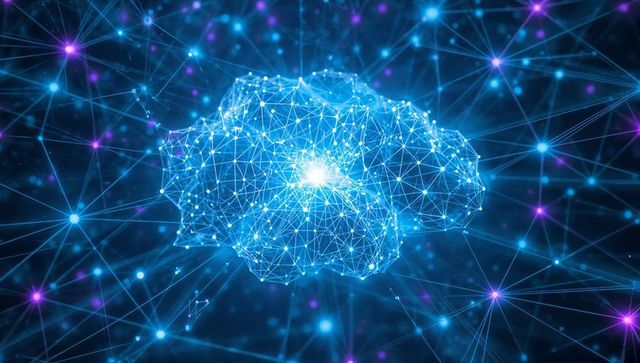 Glowing wireframe brain pulsing in navy cyberspace representing neural network and ai data