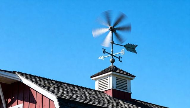 Spinning weather vane crowning red barn cupola with multi-blade propeller and arrow arms
