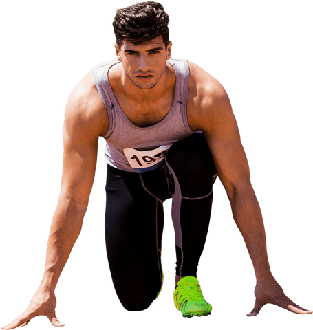 Dynamic hispanic runner in starting position with transparent background