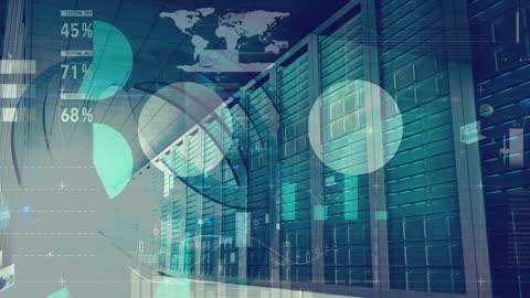 Futuristic Data Center with Digital Statistics Overlay