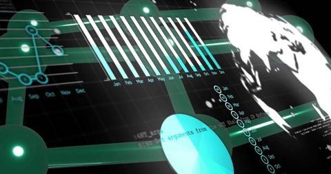 Neon Teal Global Data Dashboard UI with Bar Charts, Pie Chart, Network Nodes, World Map