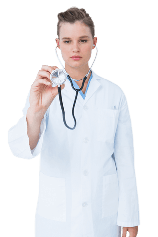 Caucasian female doctor holding stethoscope on transparent background