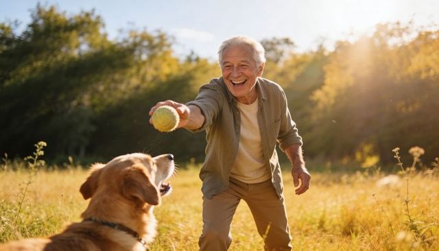 Joyful senior man playing fetch with golden retriever in sunlit meadow