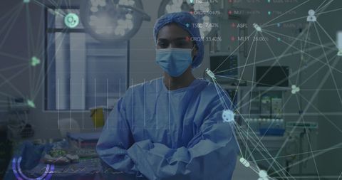 Biracial female surgeon wearing a mask and scrubs stands confidently amid a digital interface resembling a network with medical icons. This conveys advancement in healthcare technology, suitable for promoting modern medical practices, digital healthcare solutions, and training presentations in medical fields.
