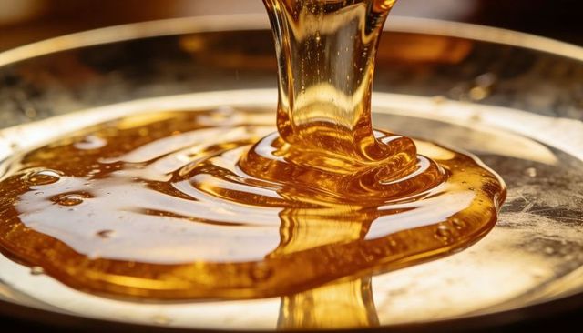 Pouring golden honey creating glossy concentric ripples and bubbles on reflective surface