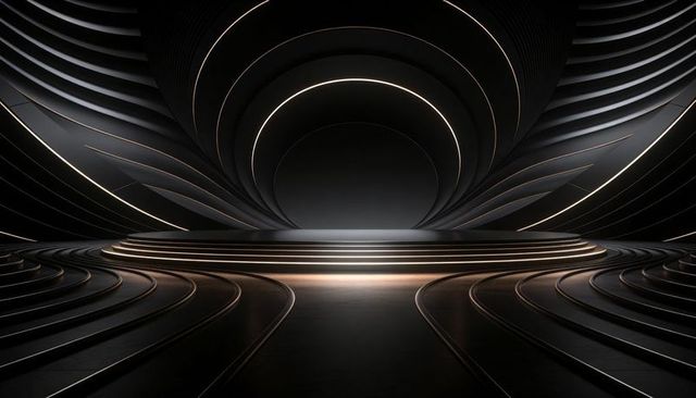Dominating Futuristic Circular Stage with Glowing LED Arcs and Curved Metallic Architecture