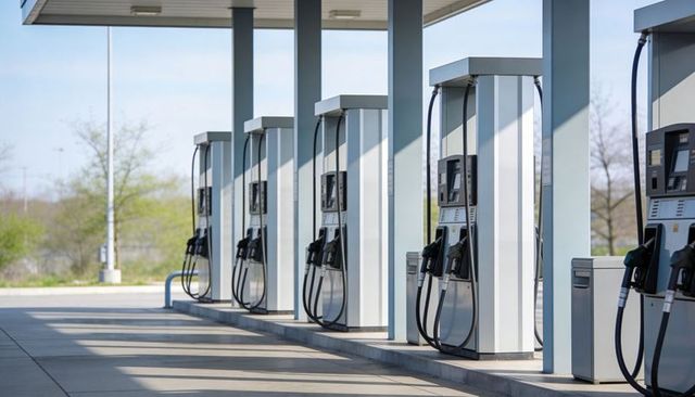 Sunlit modern fuel pumps lining gas station forecourt with long diagonal shadows and hoses