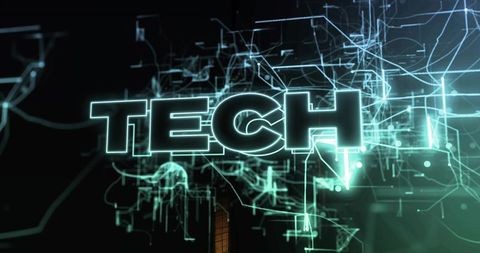 Glowing TECH wordmark pulsing in futuristic 3D studio with neon circuit wireframe