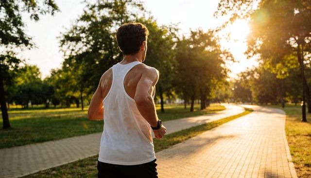 Male runner wearing smartwatch jogging on sunlit park path at golden hour