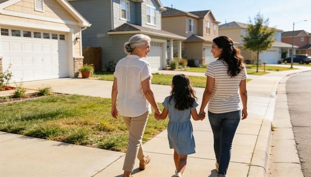 Three-generation family walking hand in hand through sunny suburban neighborhood, smiling
