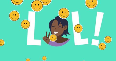 Happy Woman and LOL Text with Smile Emojis