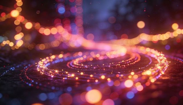 Luminous neon spiral of multicolor light trails, bokeh orbs and sparkling led strands