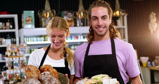 Young bakery employees holding freshly baked pastries and bread, smiling at camera. Ideal for advertisements, promotional materials related to bakeries, cafes or food businesses showcasing friendly staff and quality products.
