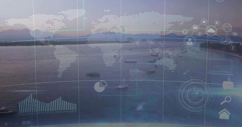 Global hud overlay mapping coastal harbor at sunset with boats, islands and dashboard