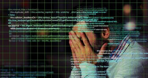 Leaning programmer studying code with grid overlay, concentration and digital fatigue