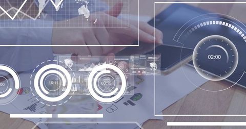 Tapping smartphone with augmented hud and business dashboard visualizations on desk