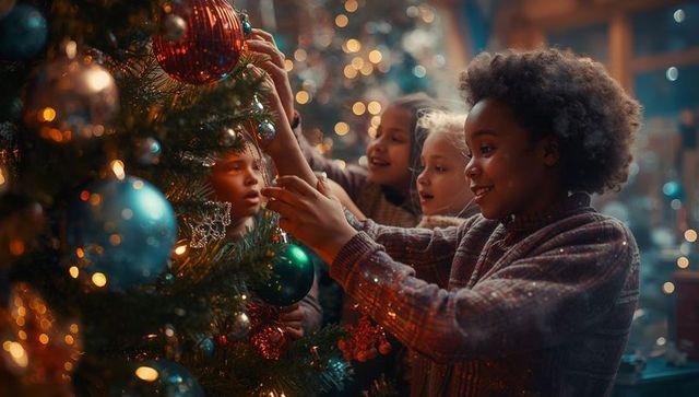 Children Decorating Christmas Tree with Baubles in Cozy Home