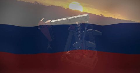Russian flag superimposed on oil pump at sunset