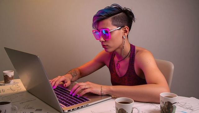 Creative professional with undercut hairstyle typing on laptop wearing magenta sunglasses