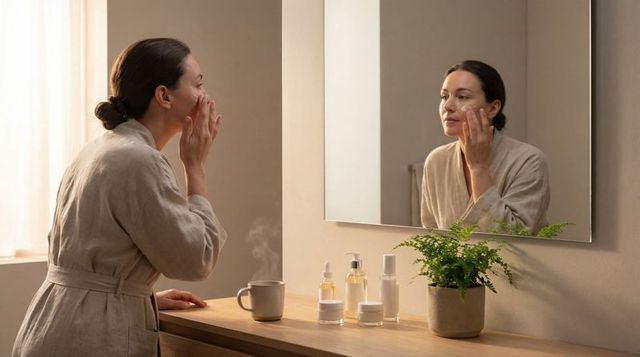 Asian woman applying facial cream at bathroom vanity mirror during calm morning routine