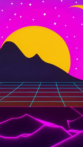 Vertical video neon waveform pulsing over retro grid with silhouetted mountains and sun