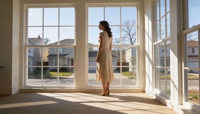 Sunlit Woman Standing by Large Grid Windows Gazing at Suburban Street in Floral Midi Dress