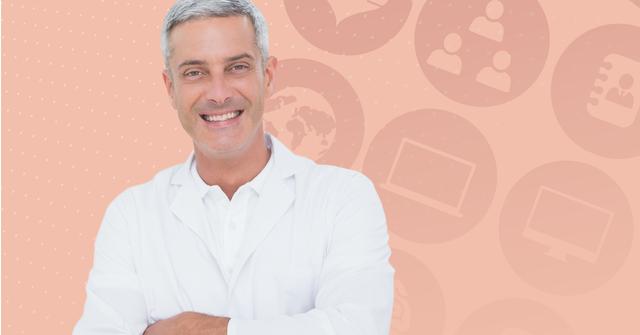 Mature male doctor in lab coat, confidently standing with arms crossed, smiling warmly. Abstract digital background adds a modern touch, making it ideal for medical websites, healthcare marketing, promotional materials, and professional healthcare presentations.