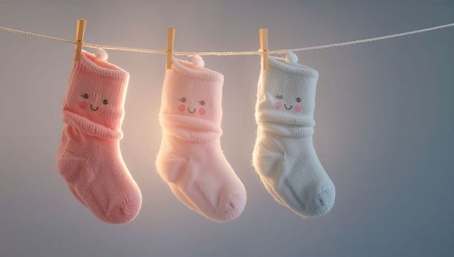 Hanging pink and white baby socks with smiling faces on clothesline warm pastel nursery decor